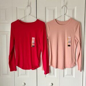 BUNDLE of 2 Long Sleeve Crew Neck Ribbed Tees Large Red and Pink BRAND NEW NWT